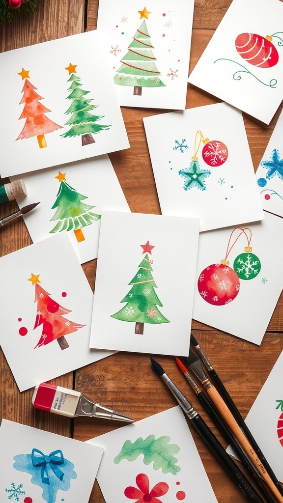 Colorful watercolor Christmas cards with holiday designs on a wooden table.